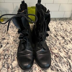 Valentino Garavani Black Lace Up leather ruffle Boots 39